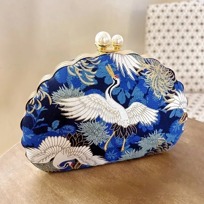 Women's All Seasons Woven Fabric Flower Crane Elegant Vintage Style Shell Lock Clasp Evening Bag