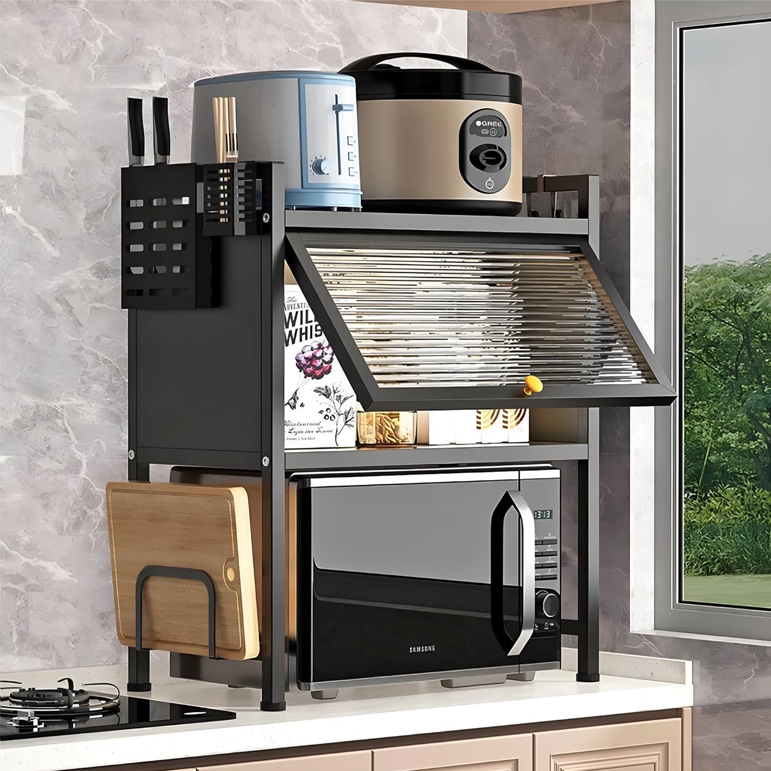 Microwave Storage Rack with Door. Closed Storage for Microwave Oven