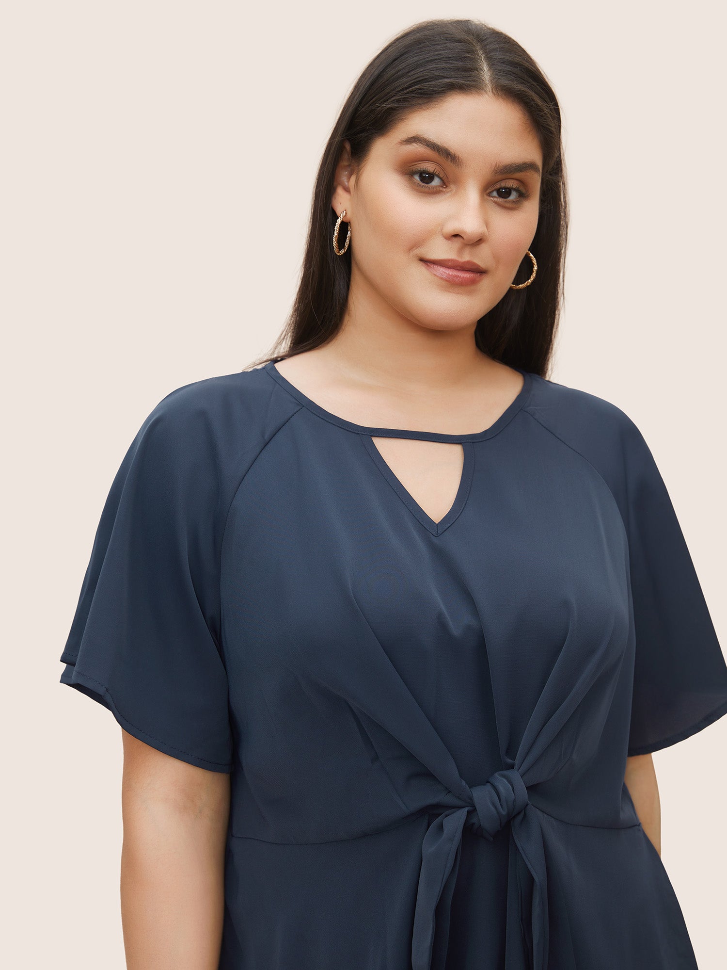 Plain Keyhole Knotted Front Ruffle Sleeve Blouse