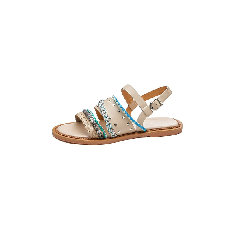 Fashion Woven Leather Roman Style Slingback Flat Sandals with Studs in Black/Brown/Beige