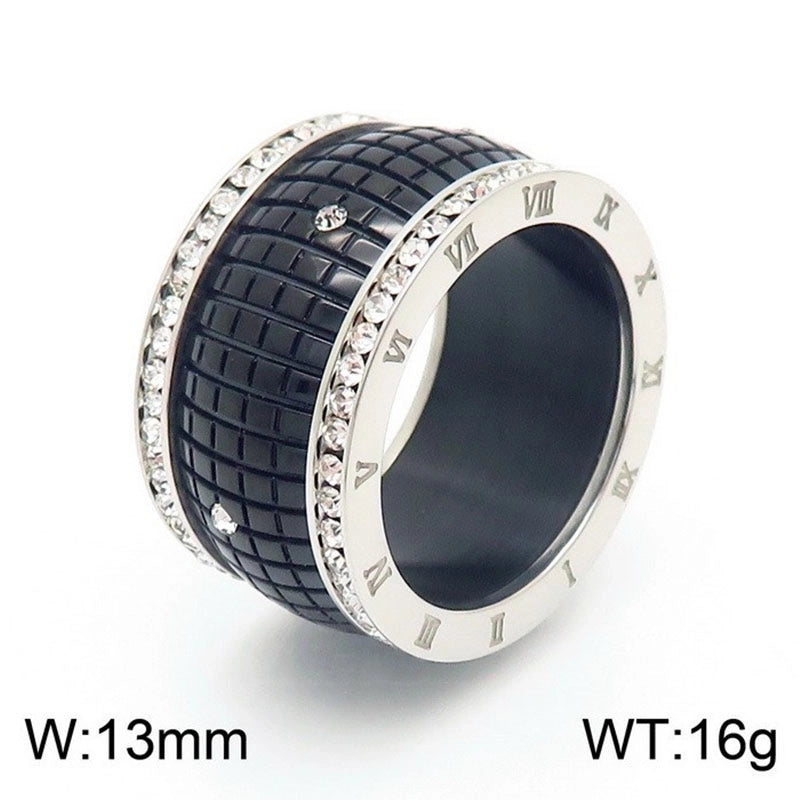 Lady Roman Numeral Titanium Steel Rhinestones 18K Gold Plated Inlay Rings