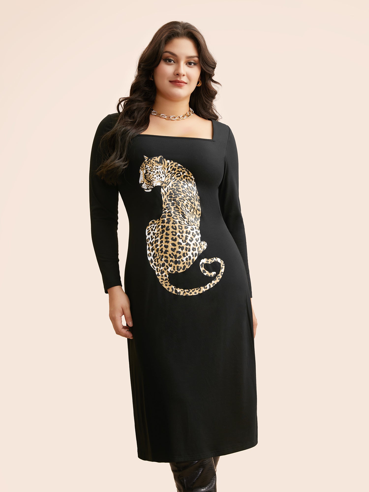 Leopard Print Square Neck Tie Knot Dress