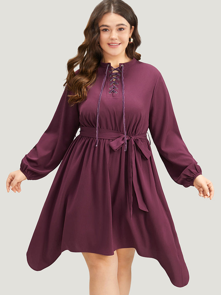 Halloween Plain Lantern Sleeve Belted Lace Up Asymmetrical Hem Dress