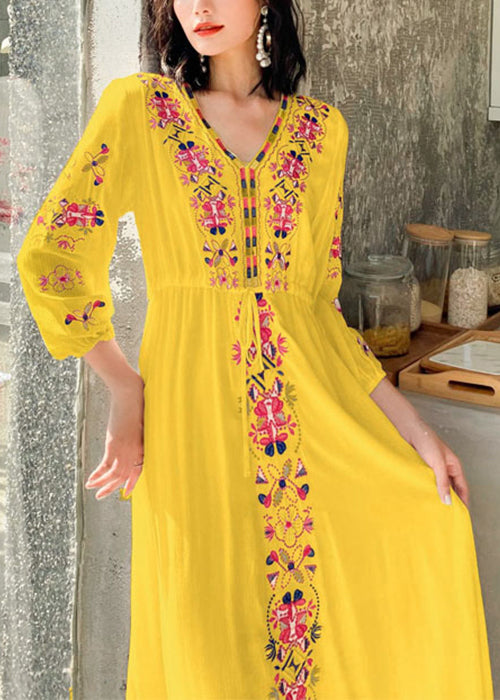 Bohemian Yellow Embroidered Tie Waist Cotton Vacation Dresses Bracelet Sleeve
