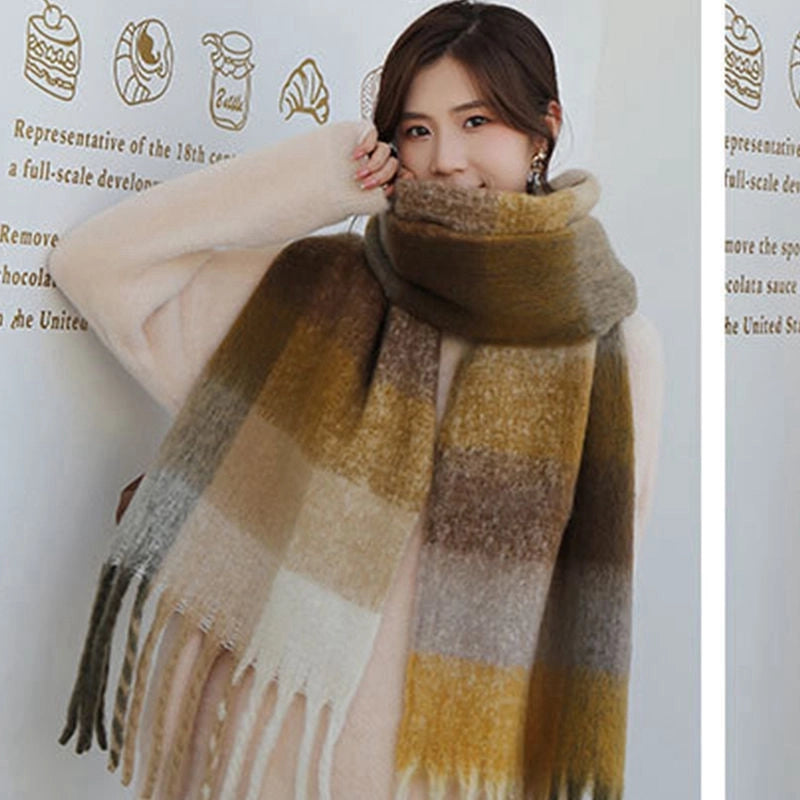 Rainbow Plaid Scarf Women's Autumn And Winter Thickened Mohair Student Couple Contrast Color Matching Thickened