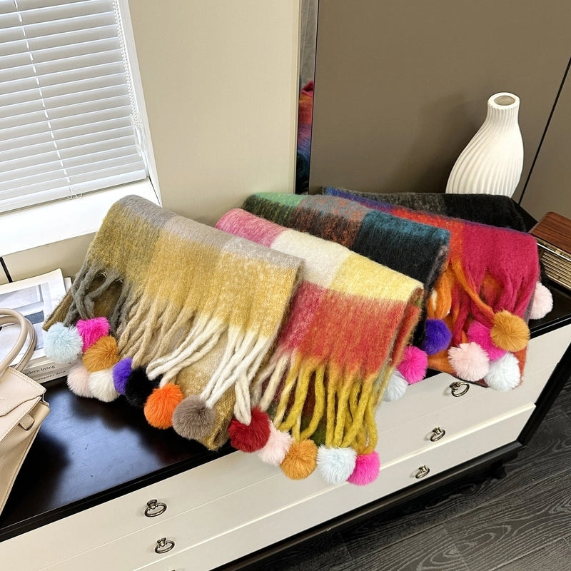 New Rainbow Stitching Dyed Plaid Scarf Women's Winter Atmosphere Long Style Thickened Tassel Scarf