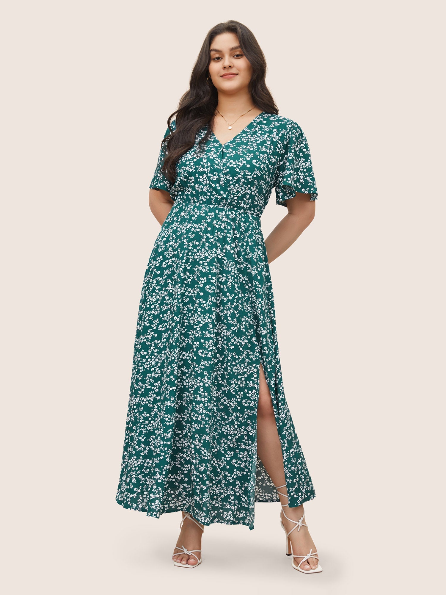 Bloom Dress - Flutter Sleeve Ditsy Floral Bag Split Maxi Dress