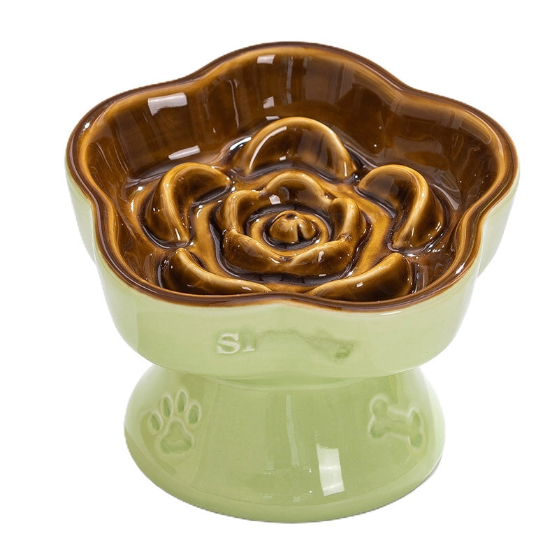 Pet Slow Food Bowl High Foot Ceramic Cat Bowl Dog Bowl Small Dog Cat Anti-choking Slow Food Anti-knock Neck Protection Slant Bowl