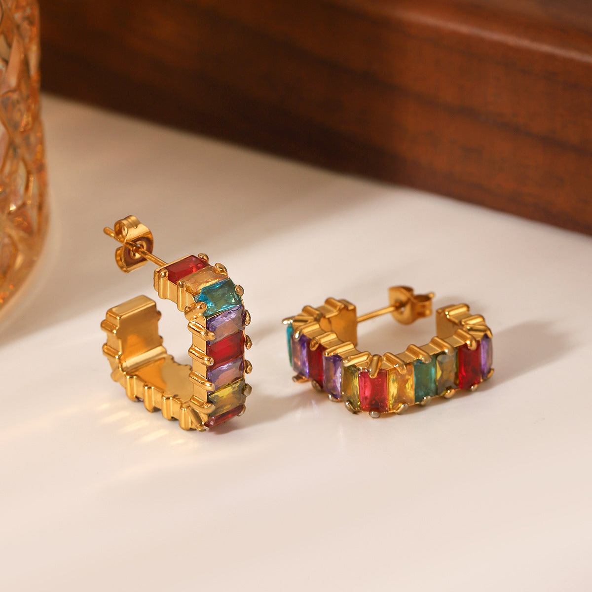 Ins Style C-Shaped Stainless Steel Earrings Inlaid With Colored Zircon Earrings Titanium Steel