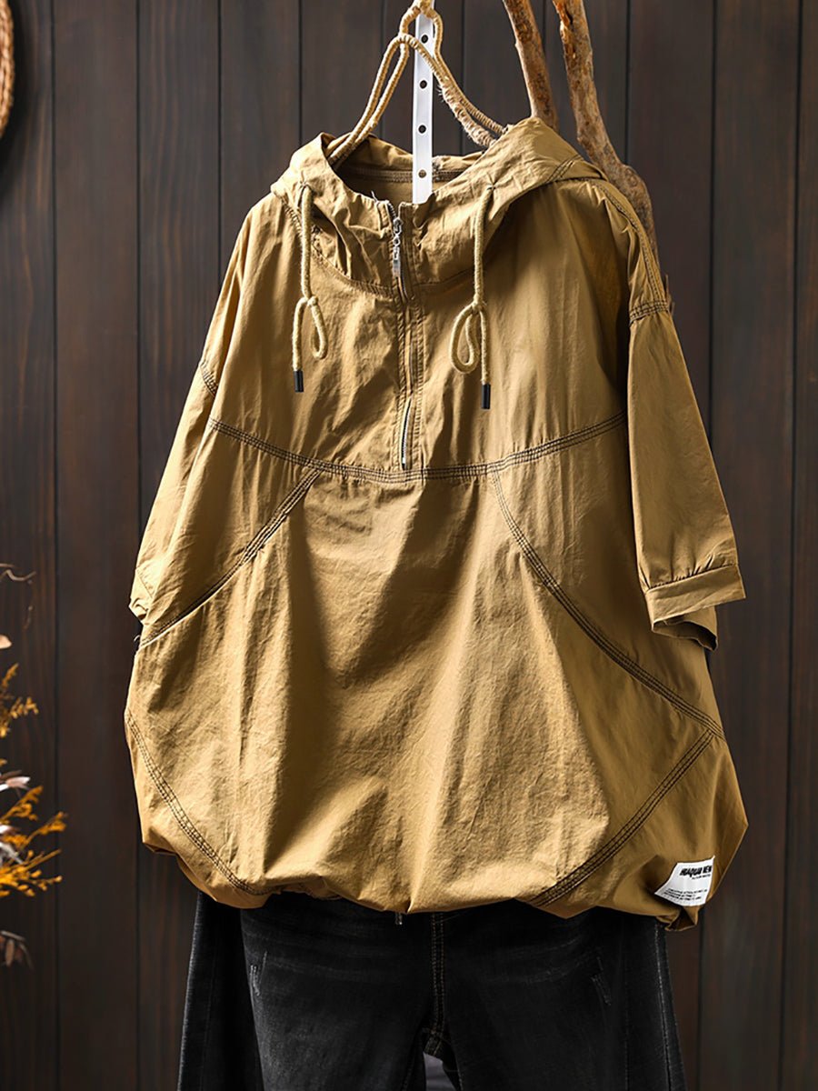 Women Summer Artsy Drawstring Hooded Cotton Shirt