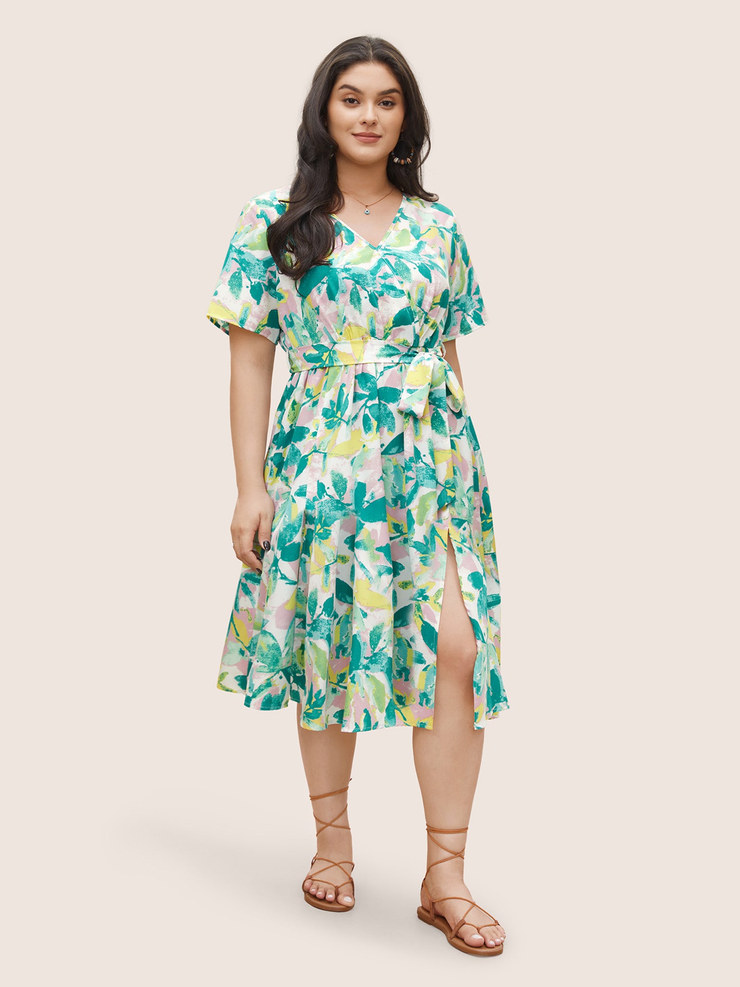 Overlap Collar Plants Print Elastic Waist Belted Dress