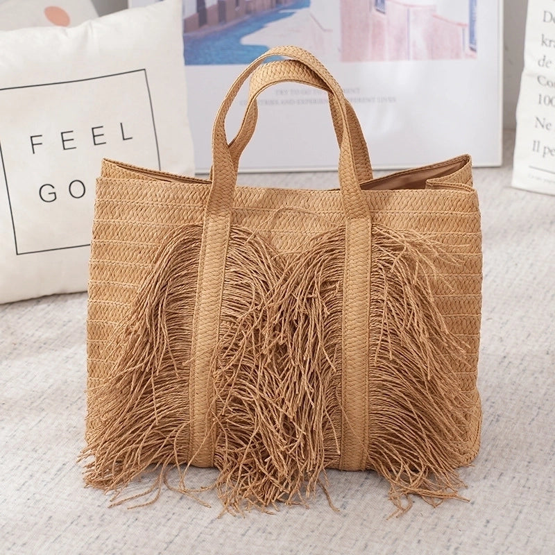 Women's Medium Cotton Rope Solid Color Vacation Beach Weave Magnetic Buckle Straw Bag