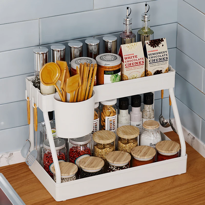 Kitchen 2 Tier Under The Sink Cabinet Organizer Table Spice Seasoning Storage Drawer Rack With Hooks