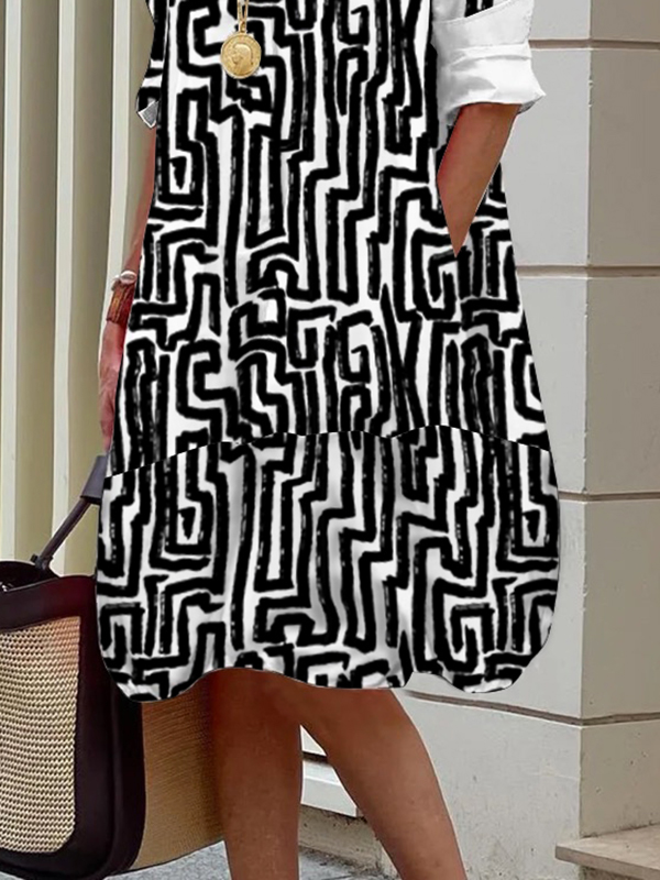 Long Sleeves Loose Printed Split-Joint Lapel Midi Dresses Shirt Dress