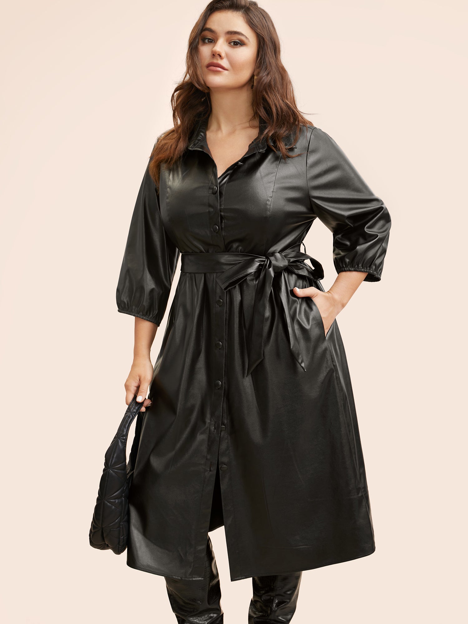Shirt Collar PU Leather Belted Dress