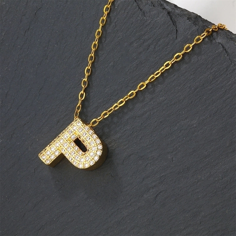 Copper 18K Gold Plated Casual Minimalist Inlay Letter Zircon Pendant Necklace