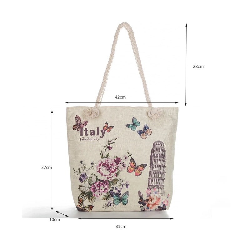 Women's Medium Canvas Geometric Flower Basic Classic Style Square Zipper Tote Bag