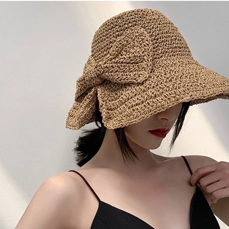 Women's Pastoral Solid Color Bowknot Wide Eaves Straw Hat