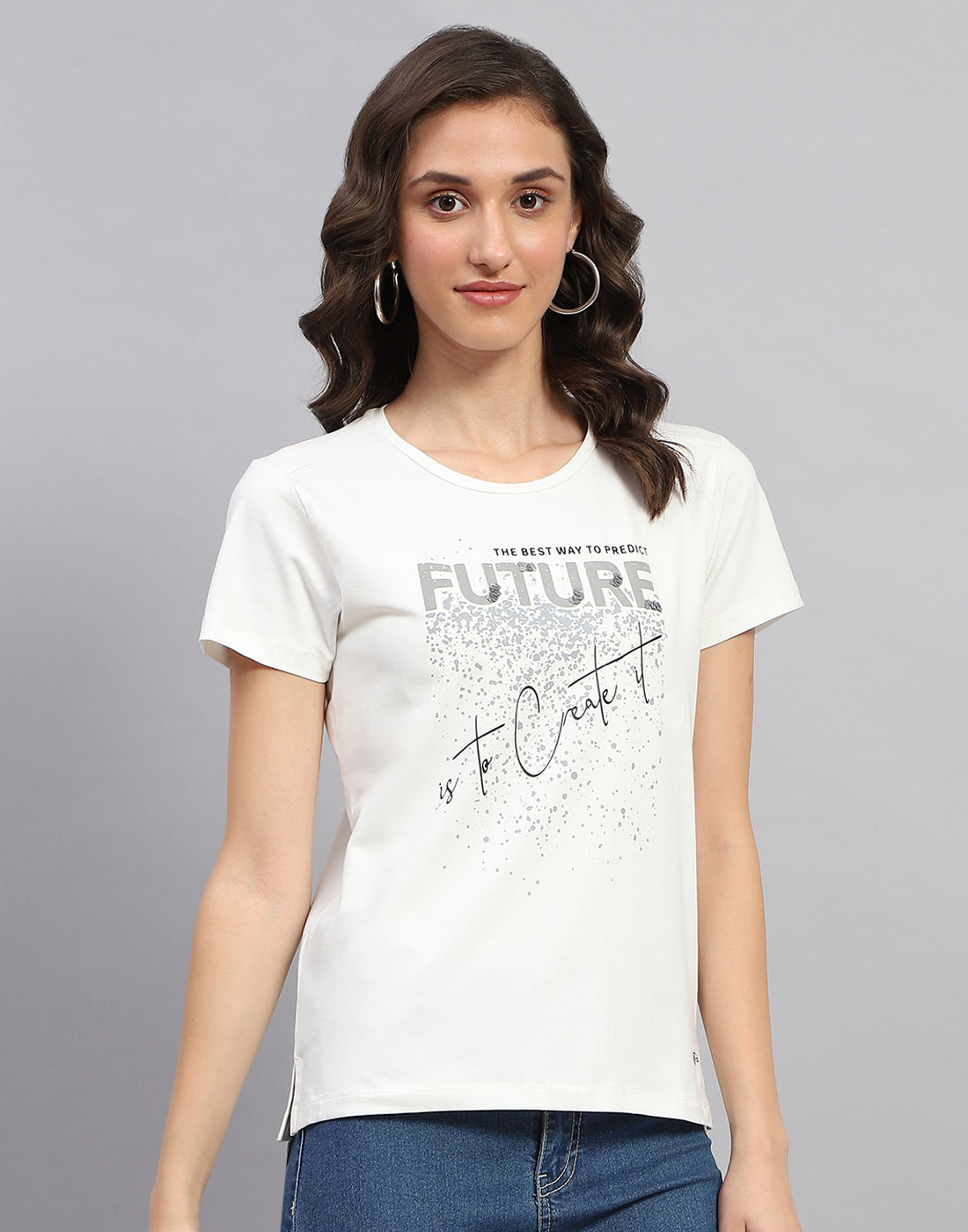 Women White Printed Round Neck Half Sleeve Top