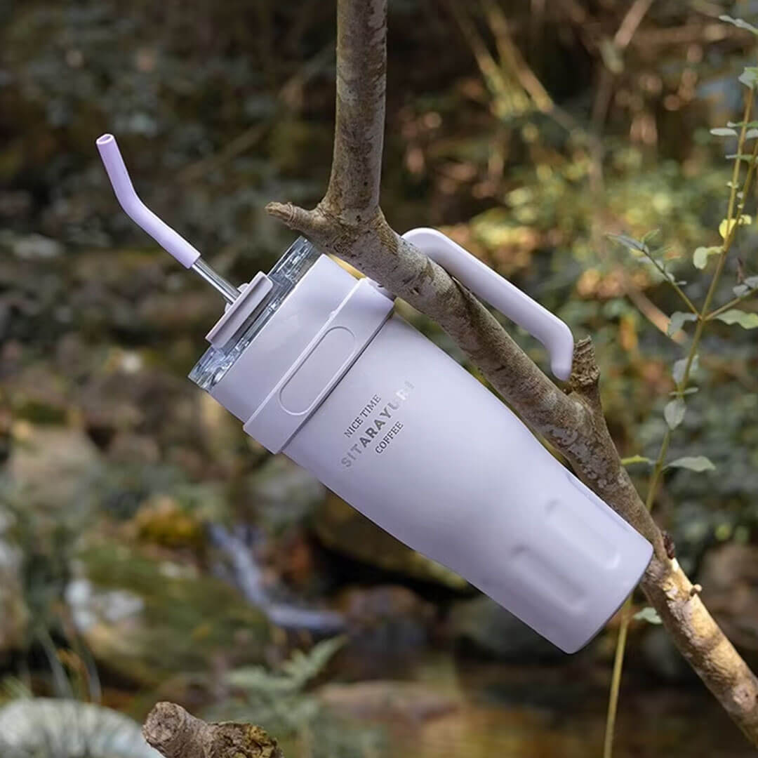 Stainless Steel Car Cup with Handle & Straw