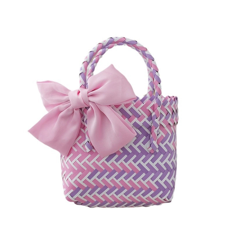 Women's Small PVC Stripe Bow Knot Cute Weave Square Open Handbag