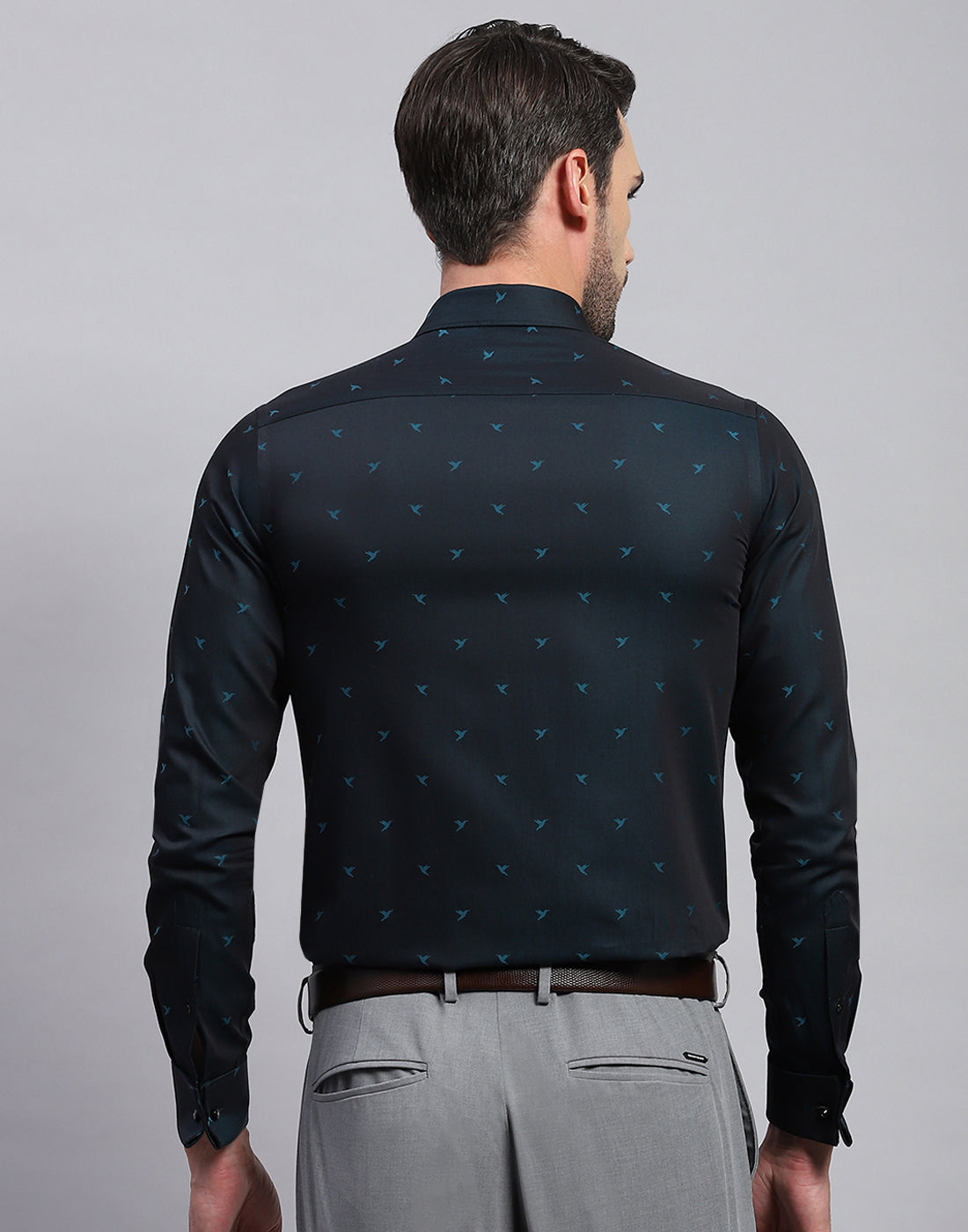 Men Navy Blue Printed Collar Neck Full Sleeve Shirt