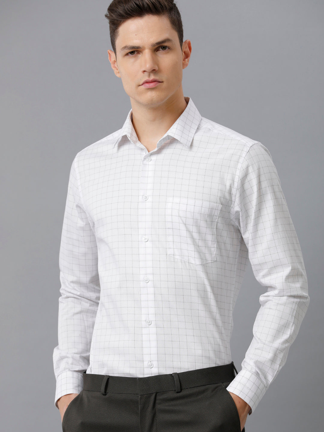 Mens Slim Fit White/Olive Green Check Formal Cotton Shirt (FOCEK)