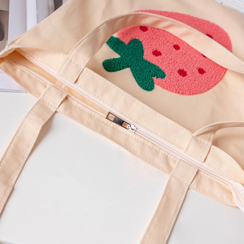 Women's Large Canvas Strawberry Streetwear Embroidery Square Zipper Handbag