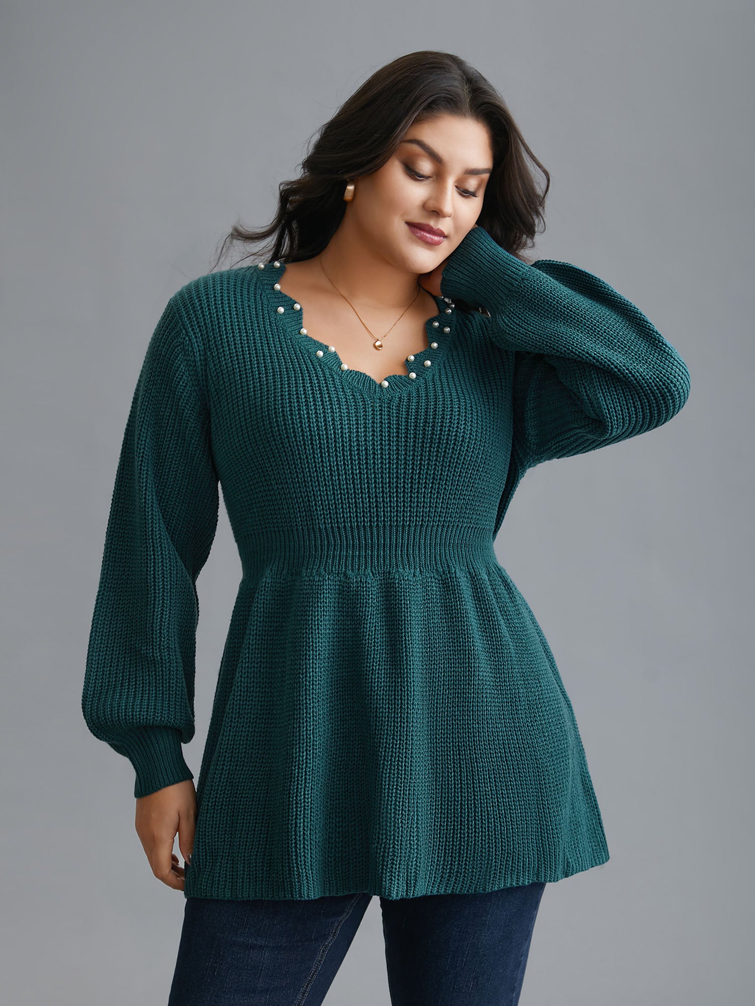 Wavy Neckline Pearl Waist-Defining Pullover