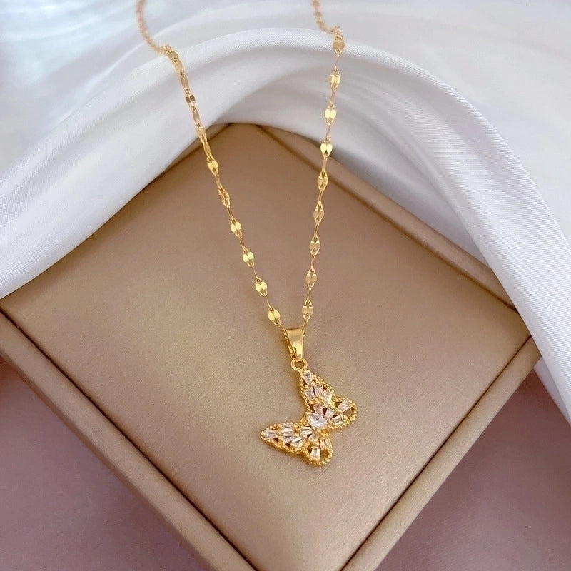 Minimalist Butterfly Titanium Steel Copper Plating Inlay Zircon Pendant Necklace