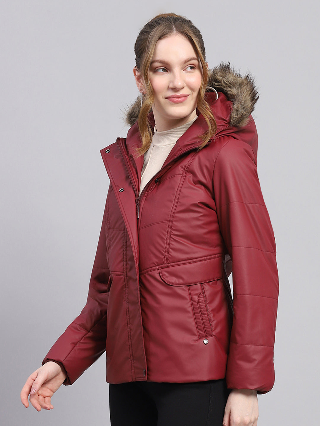 Women Maroon Solid Hooded Full Sleeve Jacket