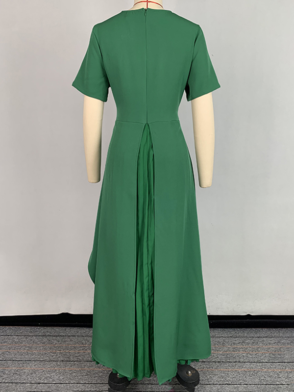 A-Line High Waisted Pleated Solid Color Split-Joint Round-Neck Maxi Dresses