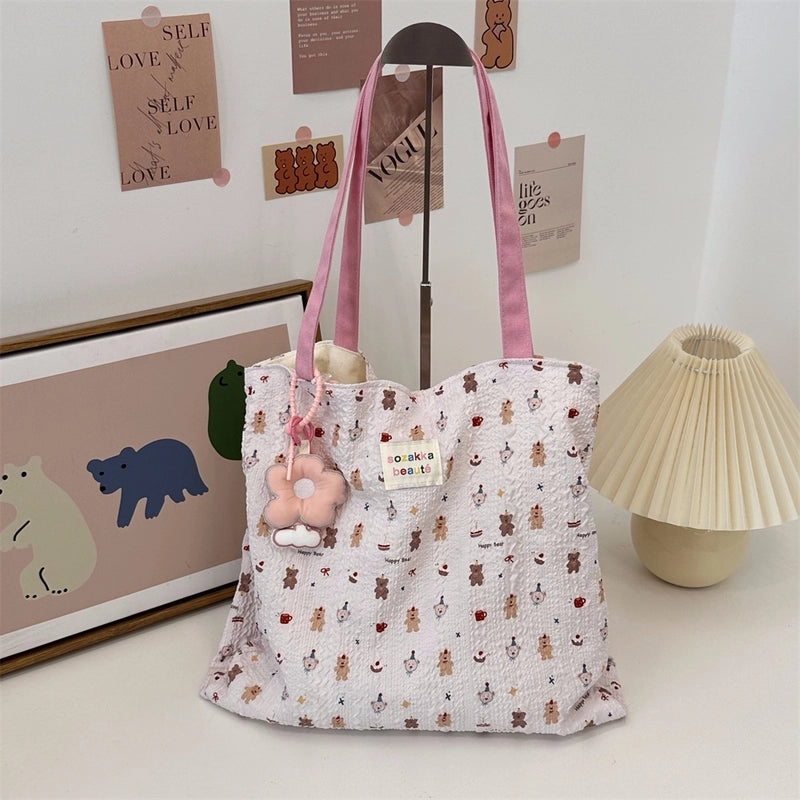 4431 Cute Sweet Printed Puppy Double Layer Canvas Bag Summer New Large Capacity Casual Portable Shoulder Bag
