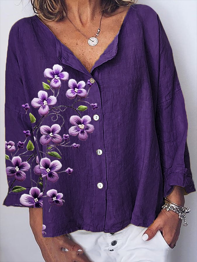 Women's Purple Floral Print Casual Cotton And Linen Top