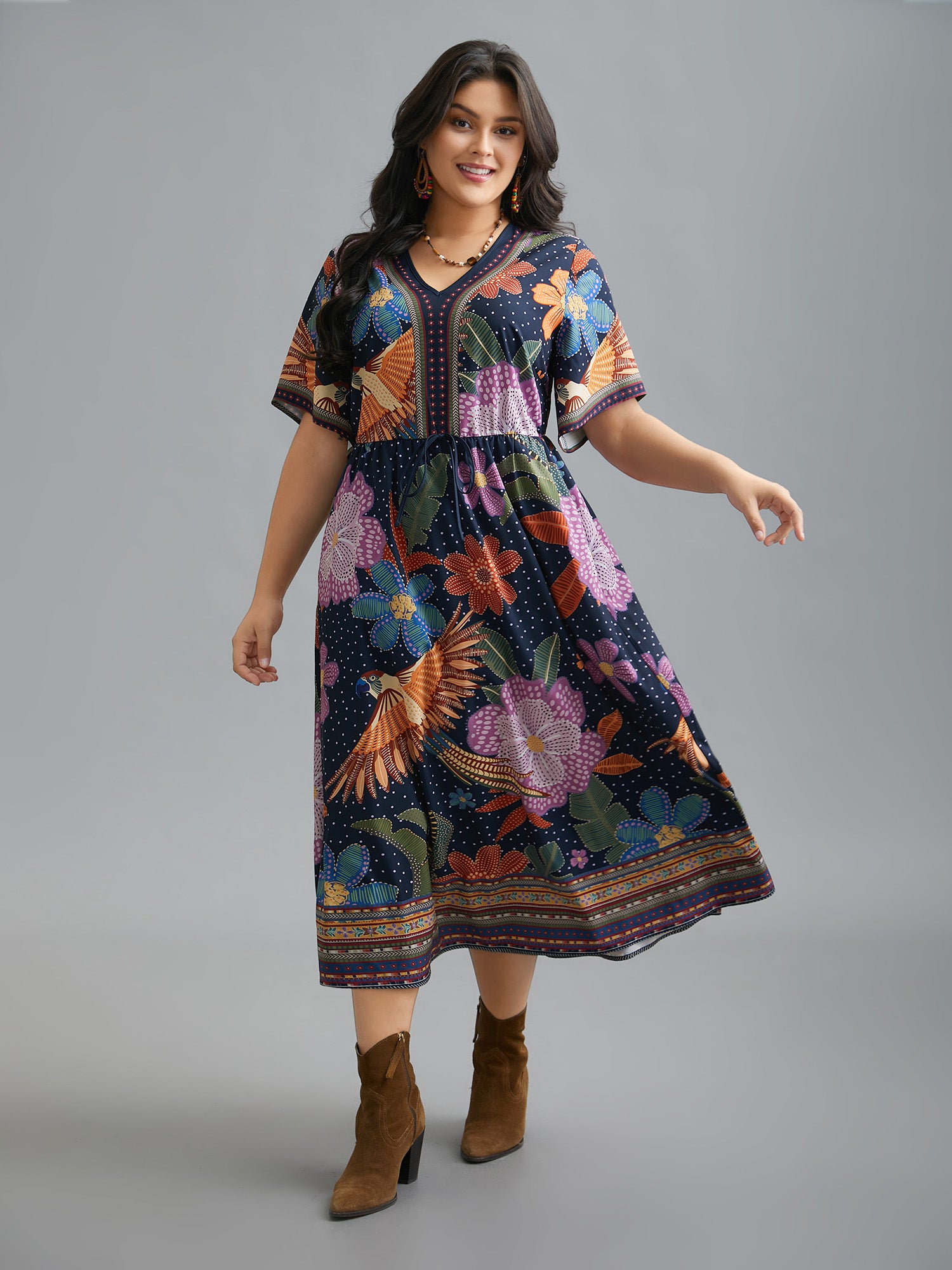 V Neck Multi-Color Floral Midi Dress