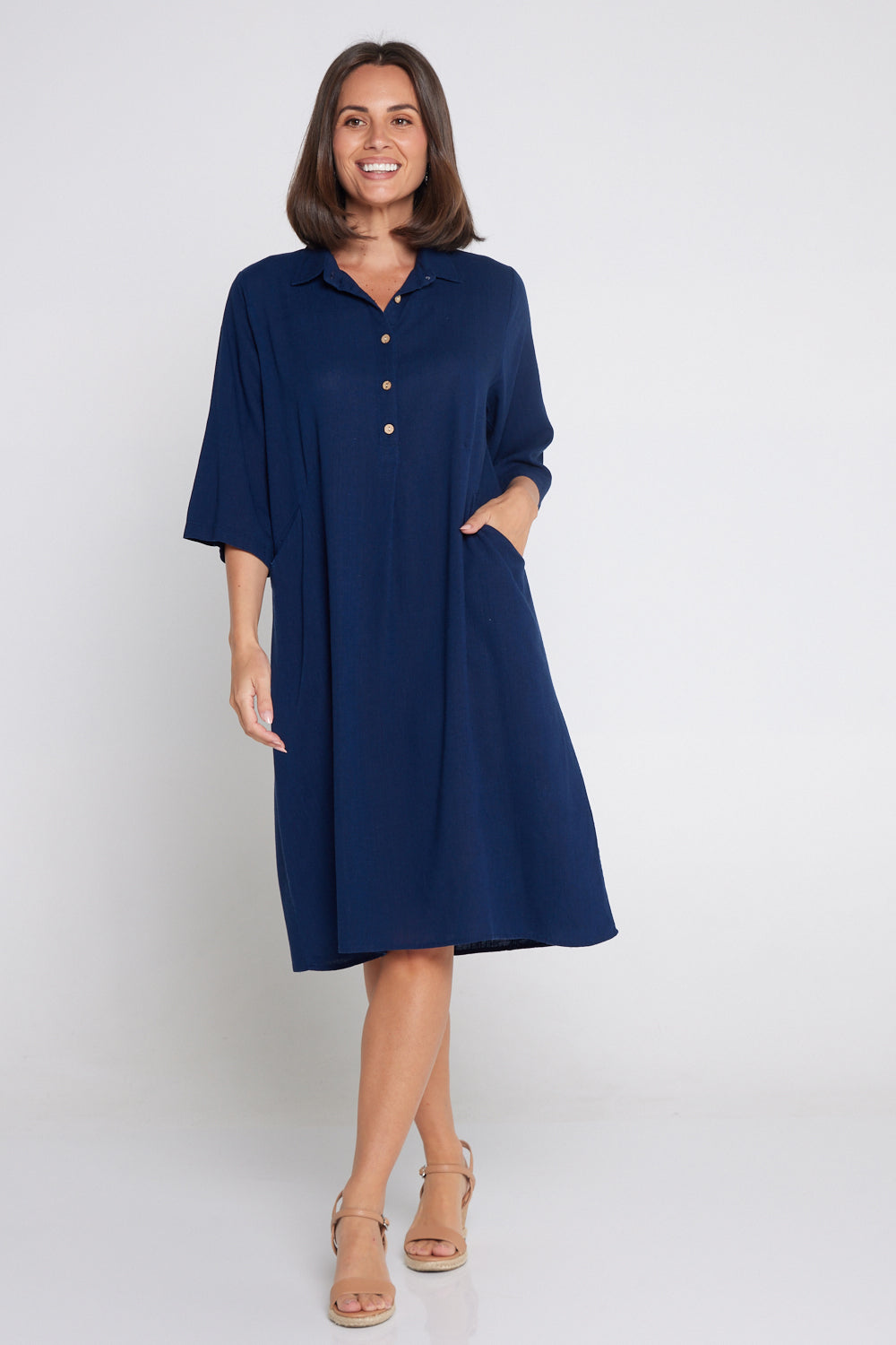 Maria Cotton & Linen Dress - Navy