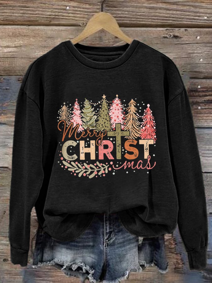 Women's Merry Christmas Printed Long Sleeve Crewneck Sweatshirt