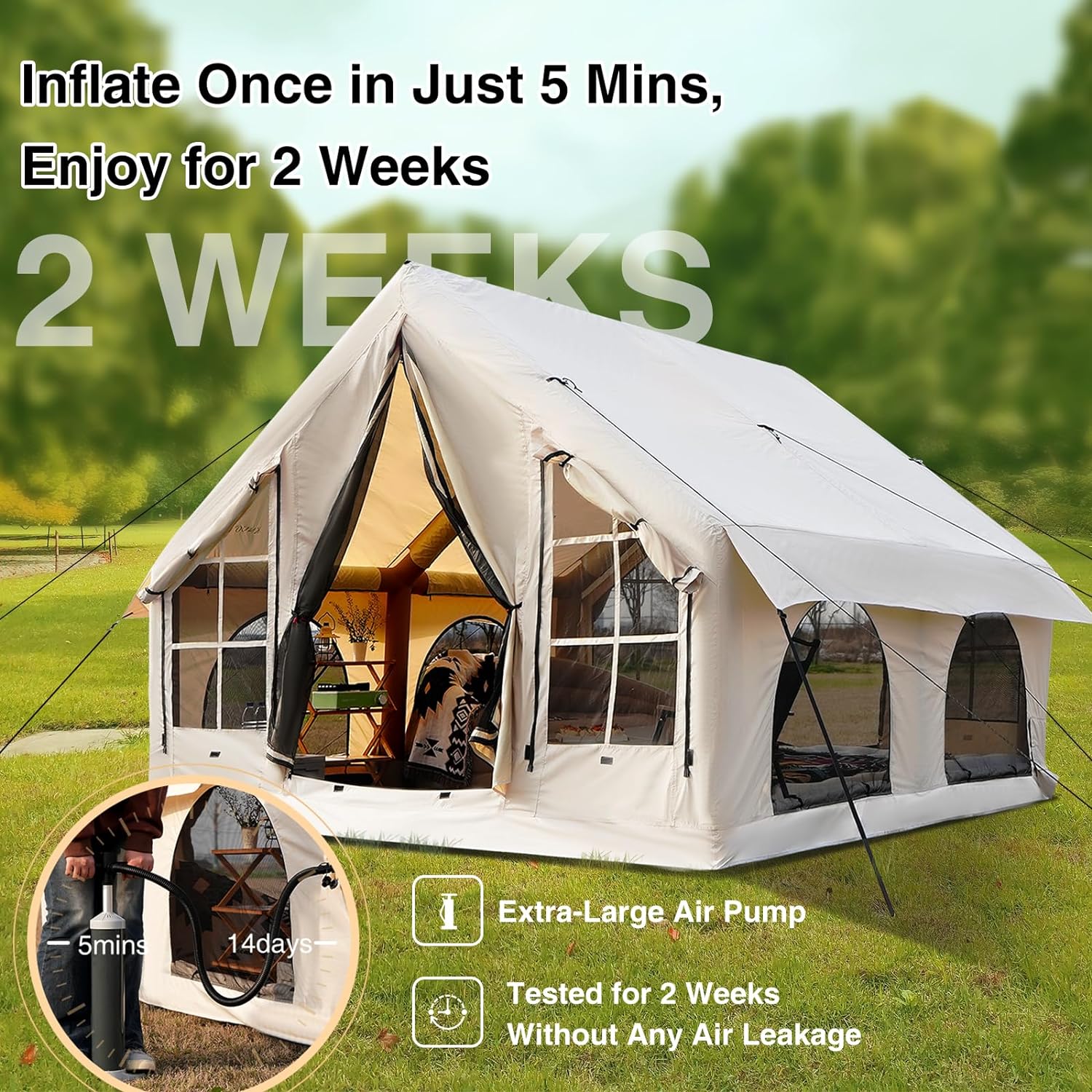 KNUO Inflatable Camping Tent Large Inflatable Air Tents, No Assembly Needed Luxury Glamping Tent, Waterproof Oxford