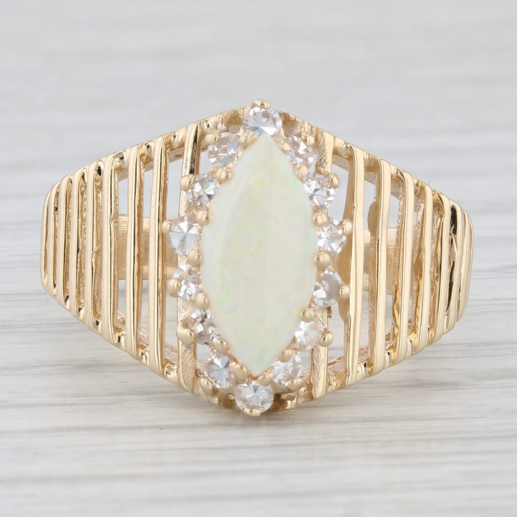 Opal 0.30ctw Diamond Navette Wide Band Ring 14K Yellow Gold Ring Size 8.25