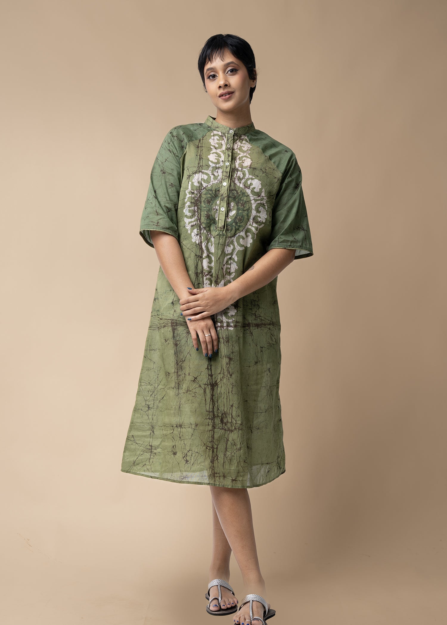 Batik Raglan Sleeve Chinese Collar Dress