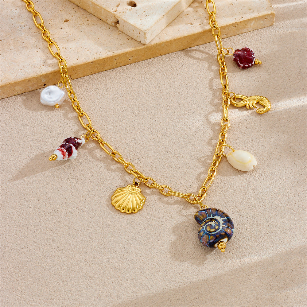 Fashion Holiday Advanced Multi-Element Marine Life Pendant Shell Starfish Sun Stainless Steel Necklace