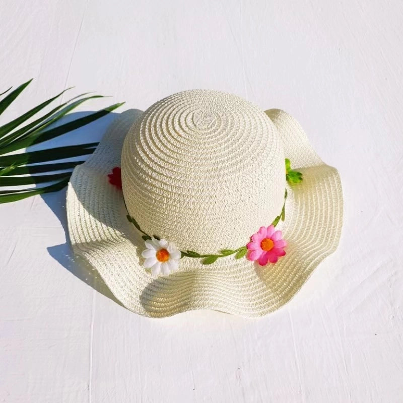 Girl'S Sweet Minimalist Flower Jacquard Straw Hat