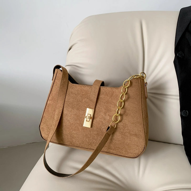 Women's Suede Solid Color Classic Style Sewing Thread Square Zipper Buckle Shoulder Bag