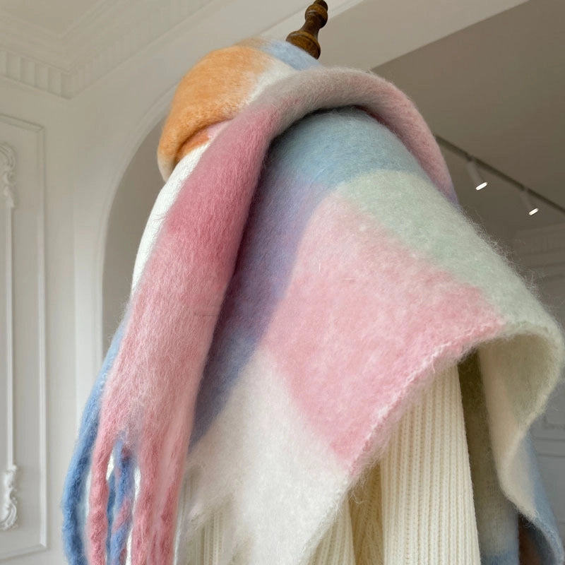 Famous High-grade Delicate Soft Gradient Color Plaid Color Matching Tassel Cashmere-like Shawl Net Red Scarf