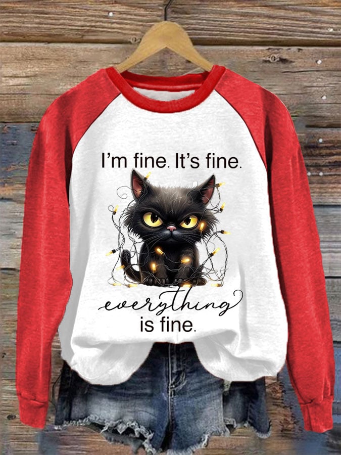 Women's Christmas It's Fine I'm Fine Everything Is Fine Lantern Black Cat Print Sweatshirt