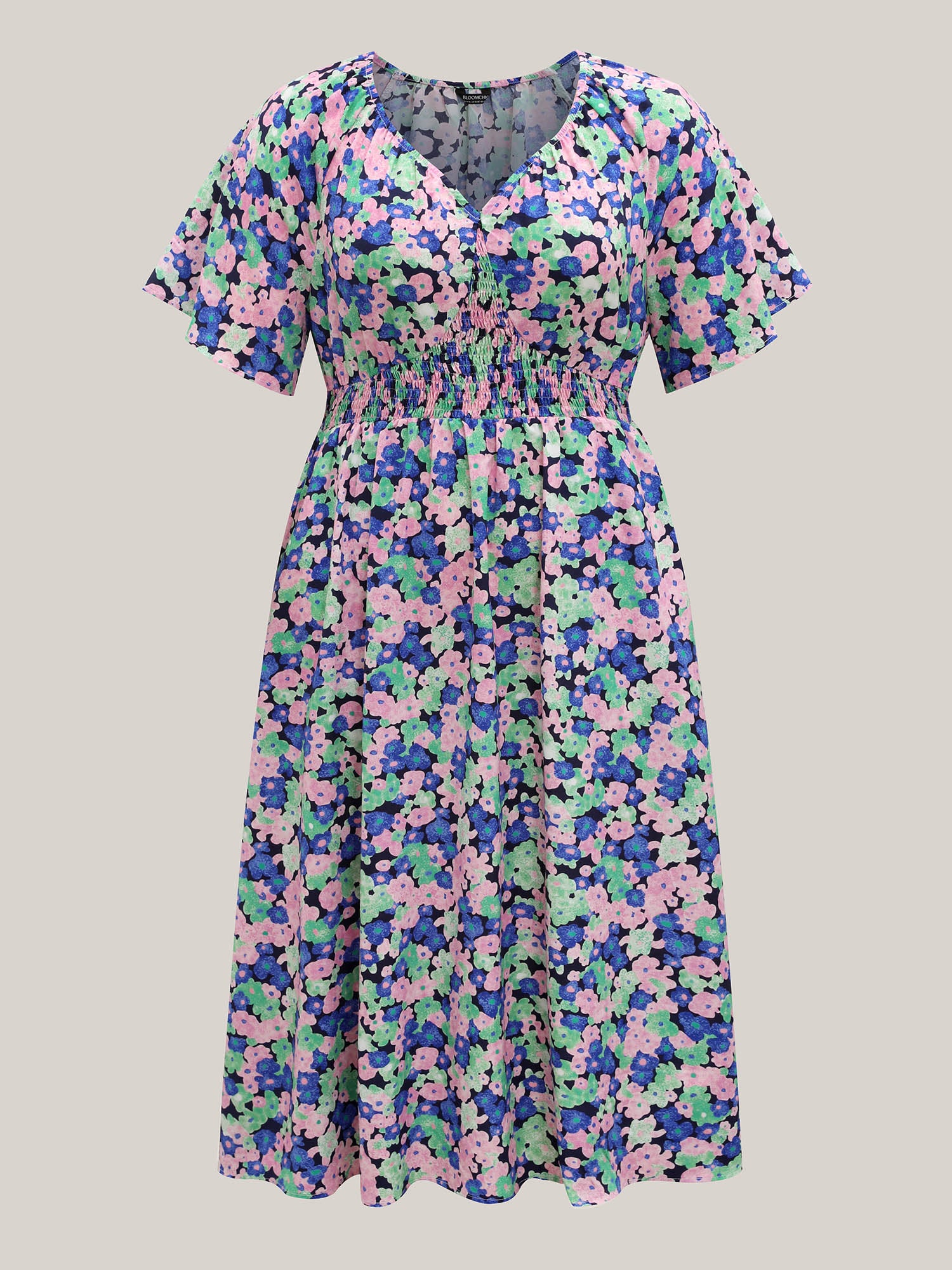Floral Print Shirred Waist Midi Dress