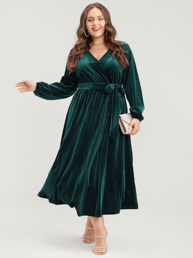 Striped Velvet Pocket Lantern Sleeve Belted Wrap Dress