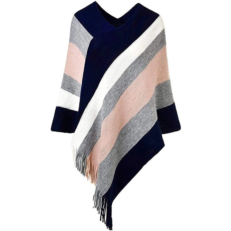 Women's Popular Pullover Cape Knitted Fashionable Color Matching Autumn And Winter Color Stripe Tassel Cape