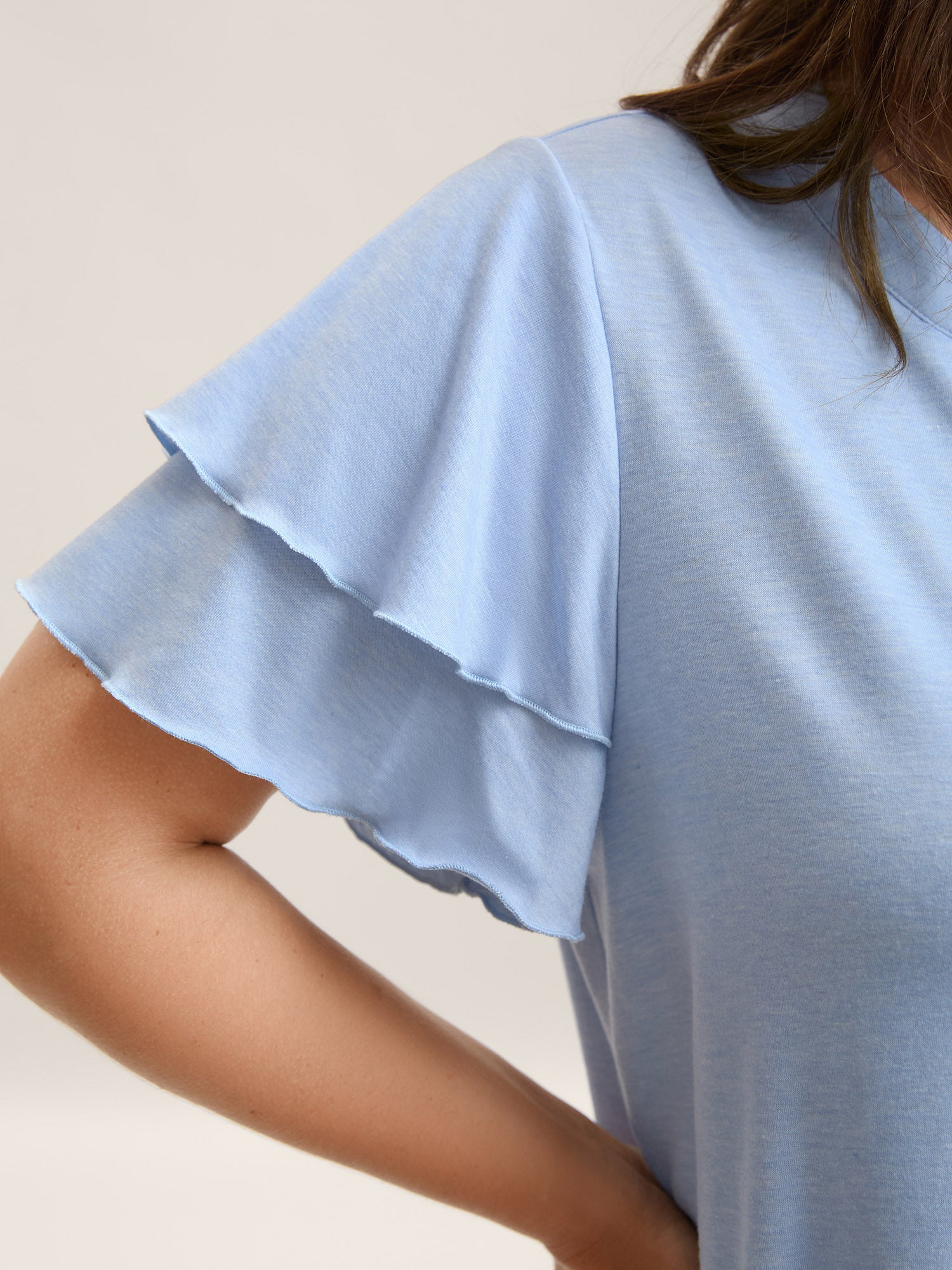 Layered Lotus Leaf Sleeve Plain T-Shirt