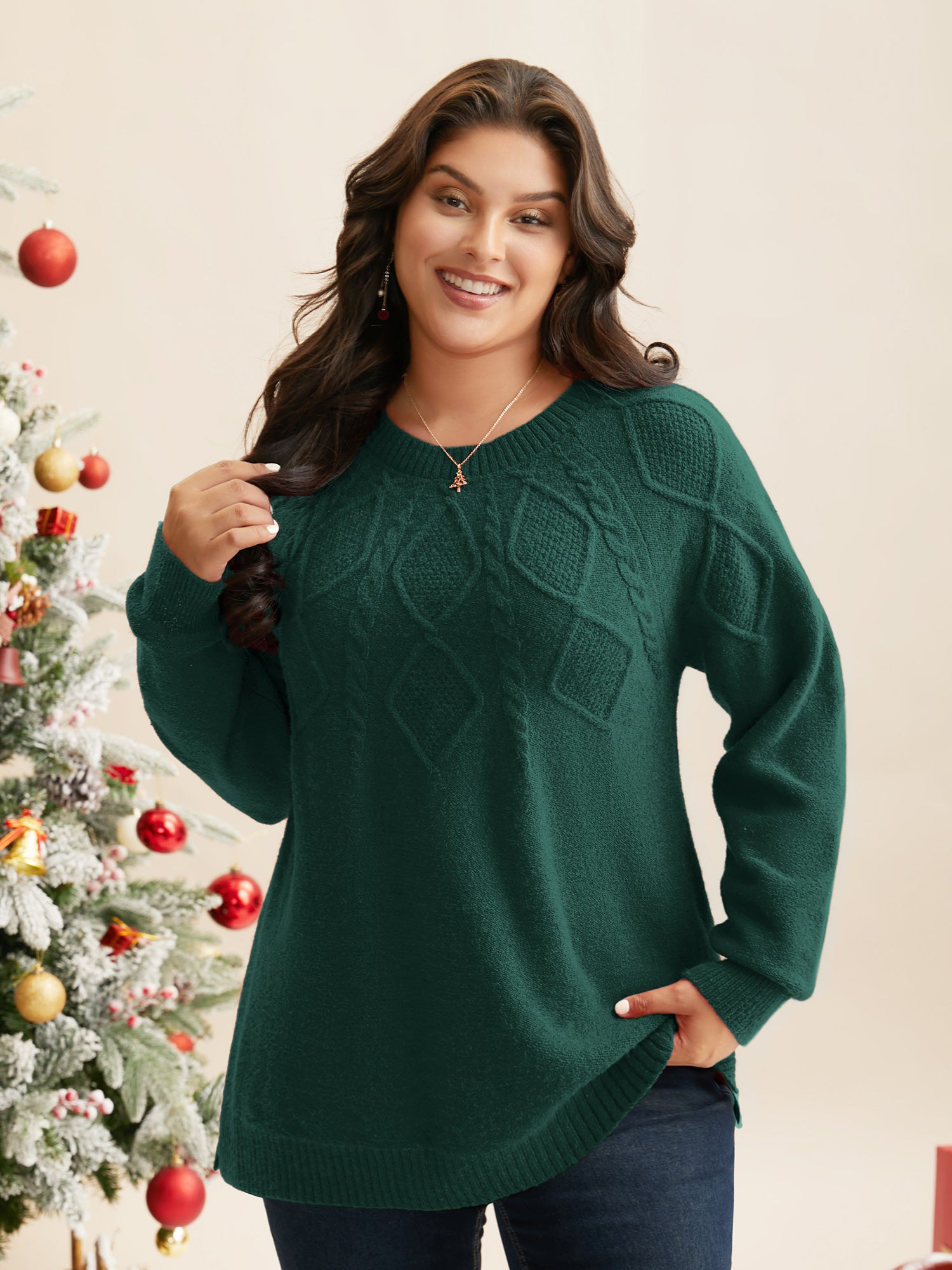 Cable Knit Bodice Crew-Neck Pullover